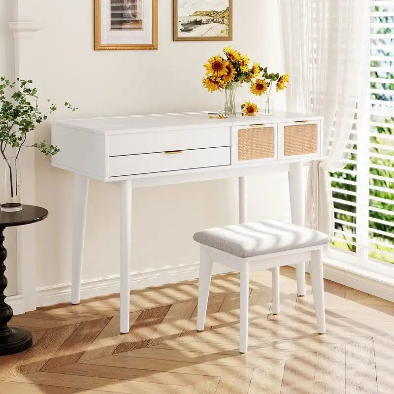 Coiffeuse en bois avec miroir escamotable et tabouret