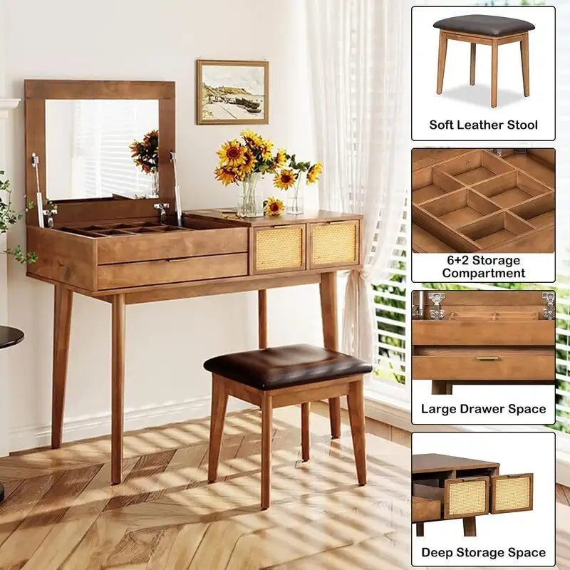 Coiffeuse en bois avec miroir escamotable et tabouret