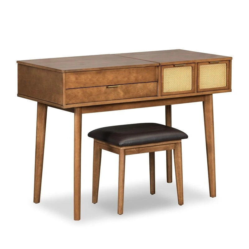 Coiffeuse en bois avec miroir escamotable et tabouret