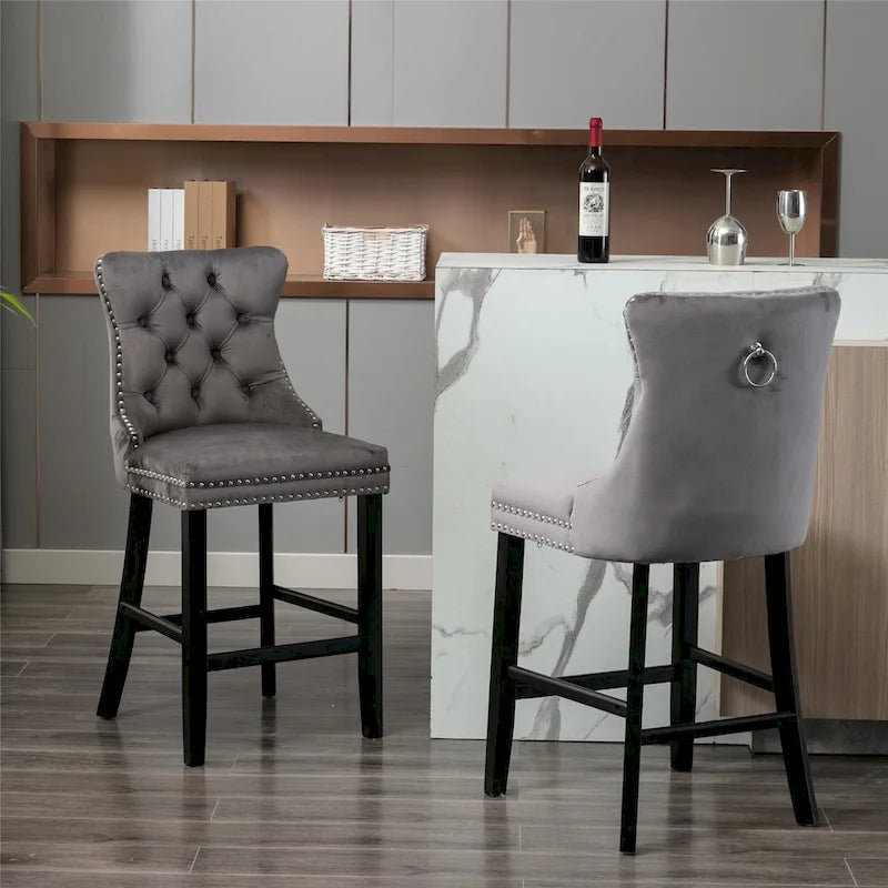 Tabourets de bar contemporains en velours capitonnés avec pieds en bois, lot de 2