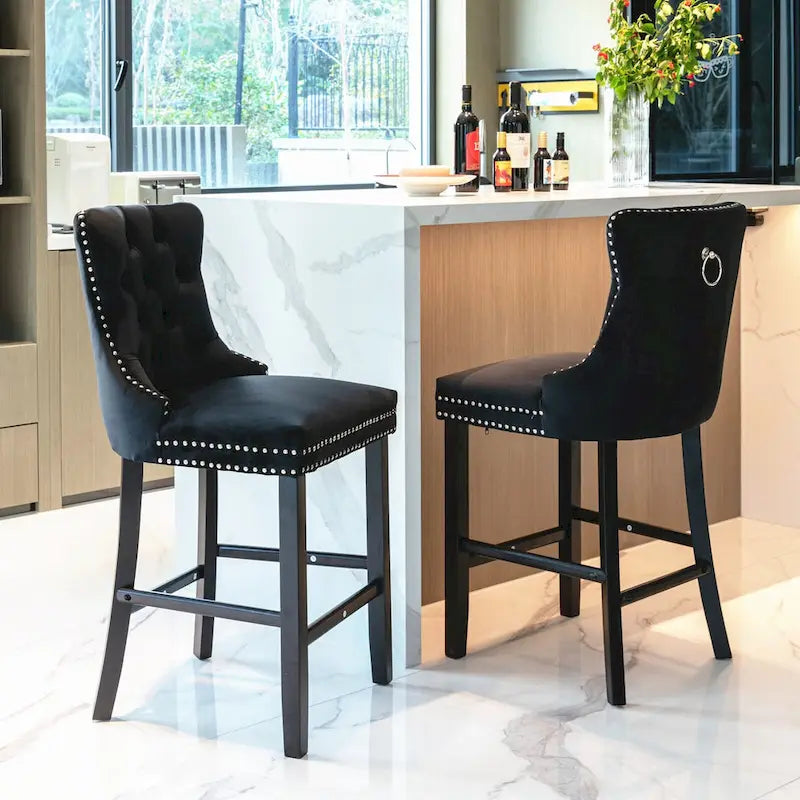 Tabourets de bar contemporains en velours capitonnés avec pieds en bois, lot de 2