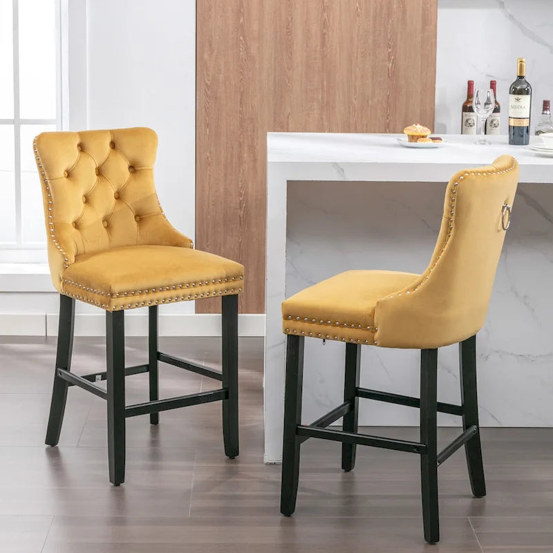 Tabourets de bar contemporains en velours capitonnés avec pieds en bois, lot de 2