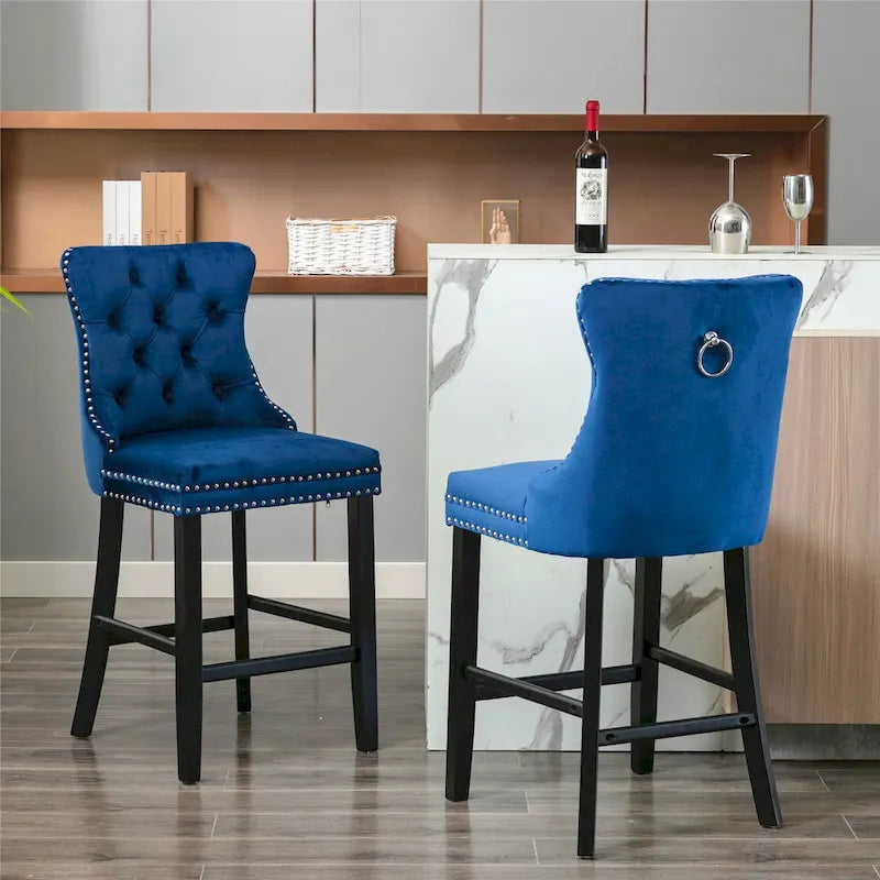 Tabourets de bar contemporains en velours capitonnés avec pieds en bois, lot de 2