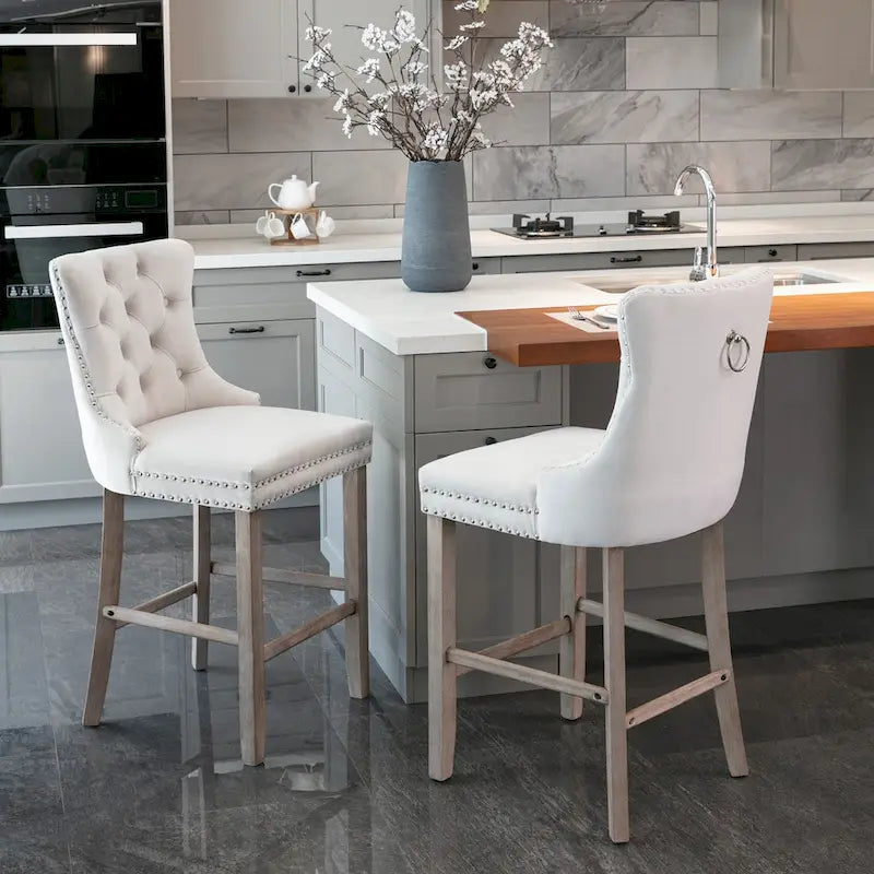 Tabourets de bar contemporains en velours capitonnés avec pieds en bois, lot de 2