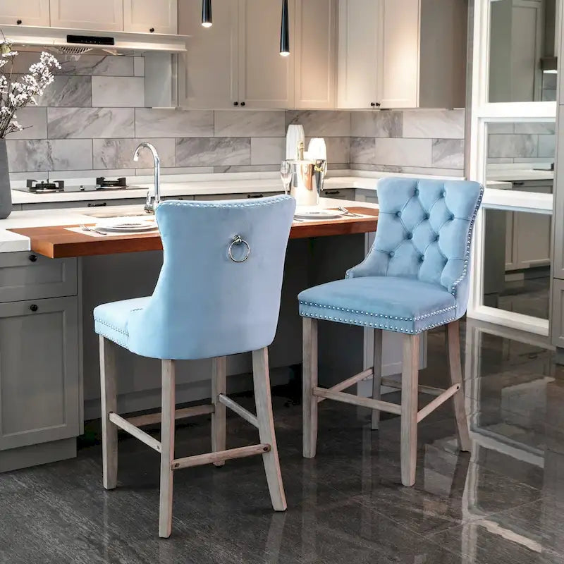 Tabourets de bar contemporains en velours capitonnés avec pieds en bois, lot de 2