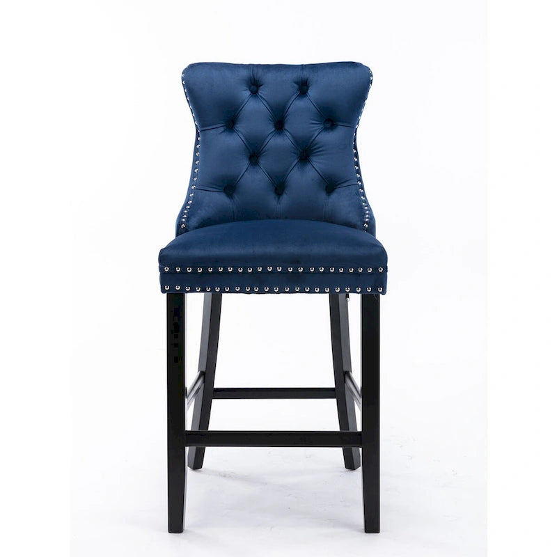 Tabourets de bar contemporains en velours capitonnés avec pieds en bois, lot de 2