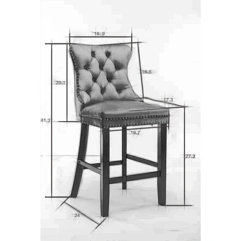 Tabourets de bar contemporains en velours capitonnés avec pieds en bois, lot de 2