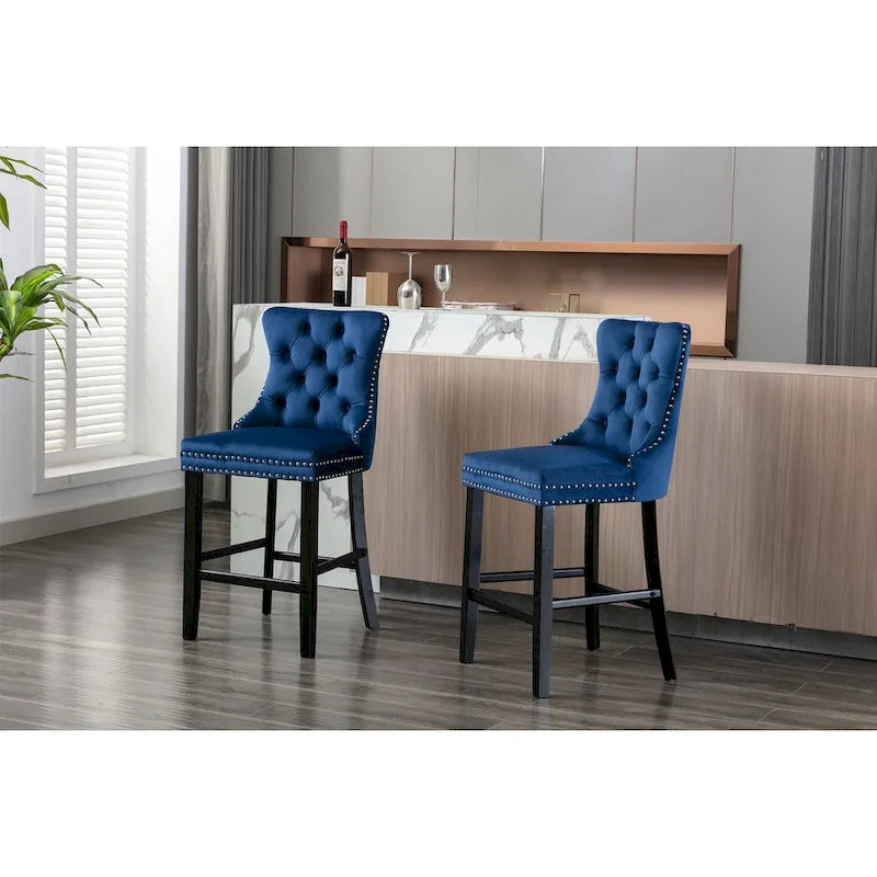 Tabourets de bar contemporains en velours capitonnés avec pieds en bois, lot de 2