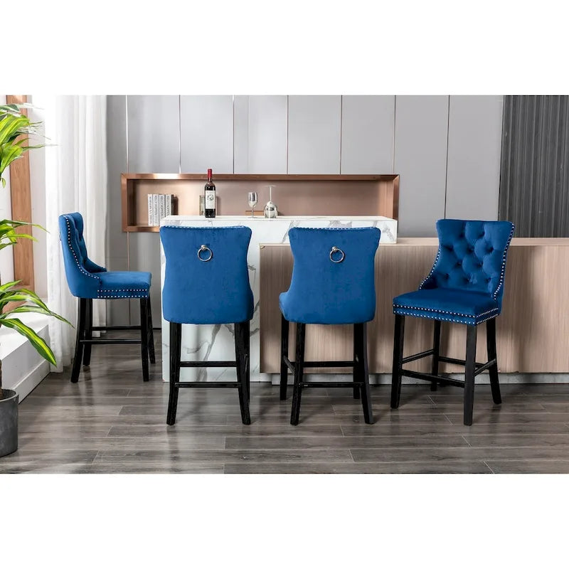 Tabourets de bar contemporains en velours capitonnés avec pieds en bois, lot de 2