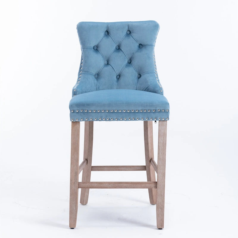 Tabourets de bar contemporains en velours capitonnés avec pieds en bois, lot de 2
