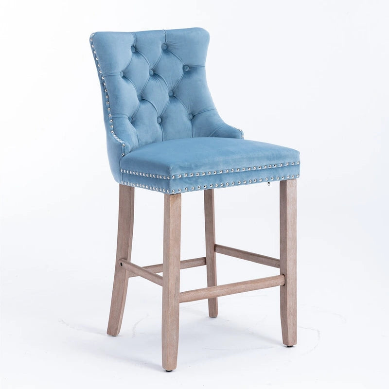 Tabourets de bar contemporains en velours capitonnés avec pieds en bois, lot de 2