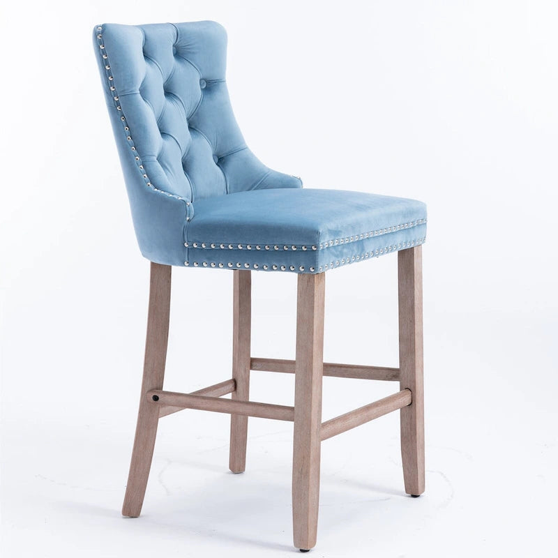 Tabourets de bar contemporains en velours capitonnés avec pieds en bois, lot de 2
