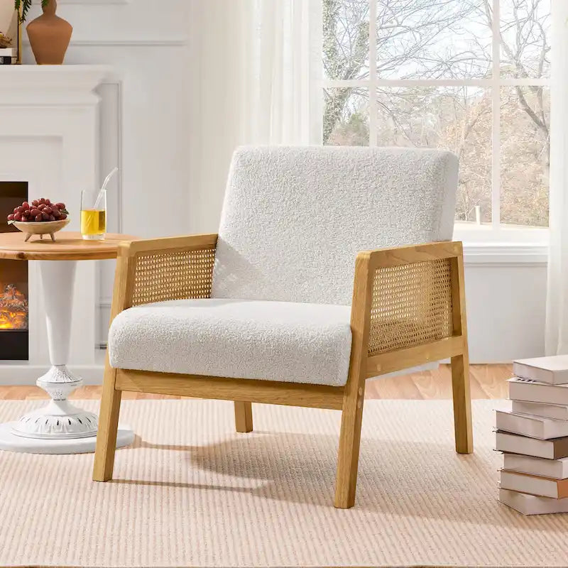 Fauteuil d'appoint rembourré moderne en tissu avec côtés en rotin - 273031