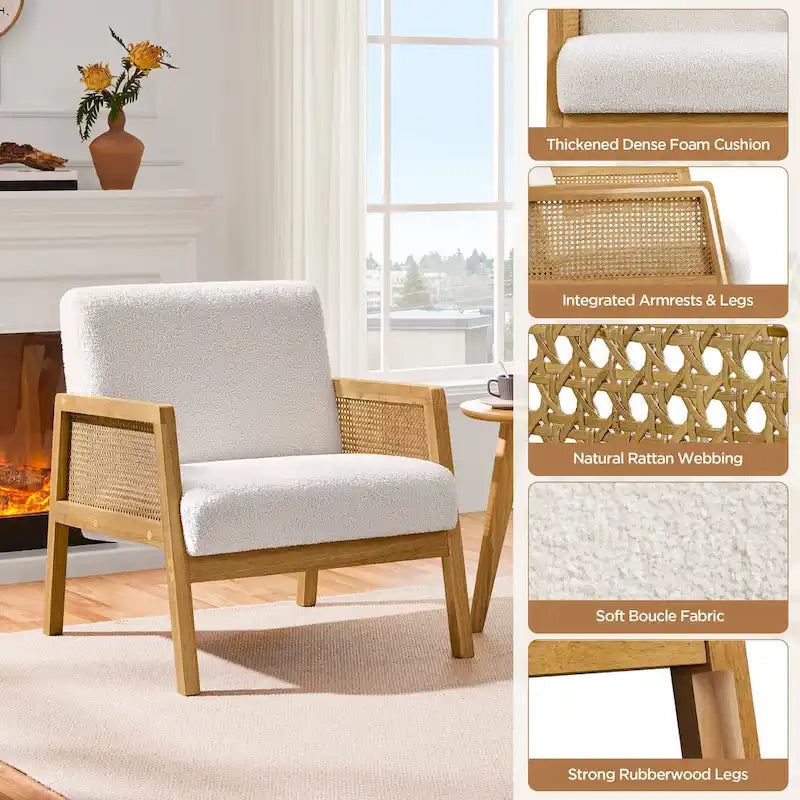 Fauteuil d'appoint rembourré moderne en tissu avec côtés en rotin - 273031