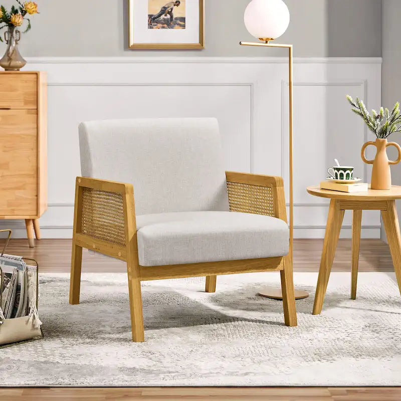 Fauteuil d'appoint rembourré moderne en tissu avec côtés en rotin - 273031