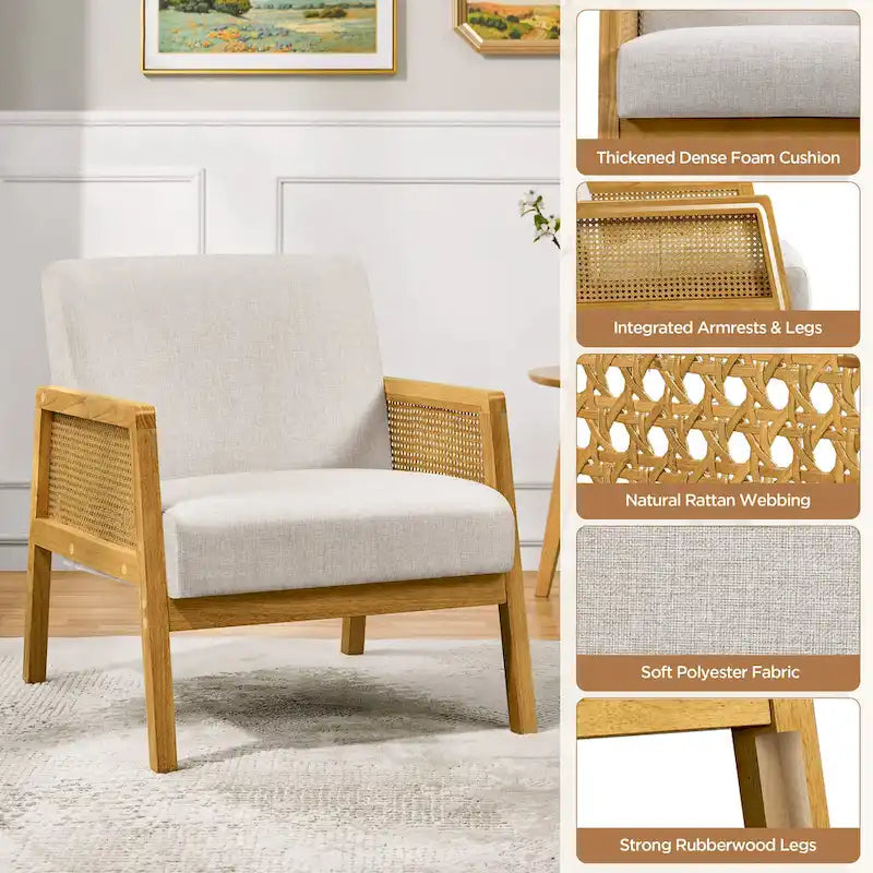 Fauteuil d'appoint rembourré moderne en tissu avec côtés en rotin - 273031