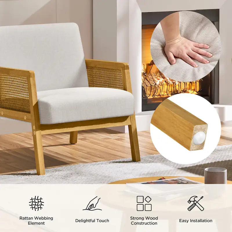 Fauteuil d'appoint rembourré moderne en tissu avec côtés en rotin - 273031