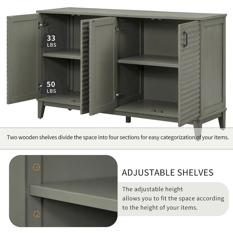 Bahut avec 4 portes, grand buffet de rangement avec étagères réglables et poignées en métal pour cuisine, salon, salle à manger